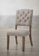 Set of Two Tufted Cream And Brown Upholstered Linen Open Back Dining Side Chairs