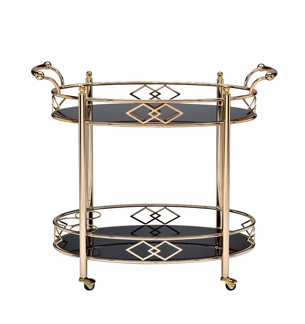 Gold and Black Metal And Glass Oval Rolling Bar Cart