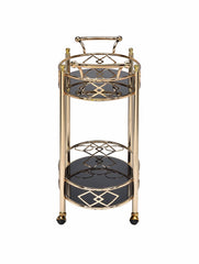 Gold and Black Metal And Glass Oval Rolling Bar Cart