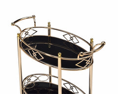 Gold and Black Metal And Glass Oval Rolling Bar Cart