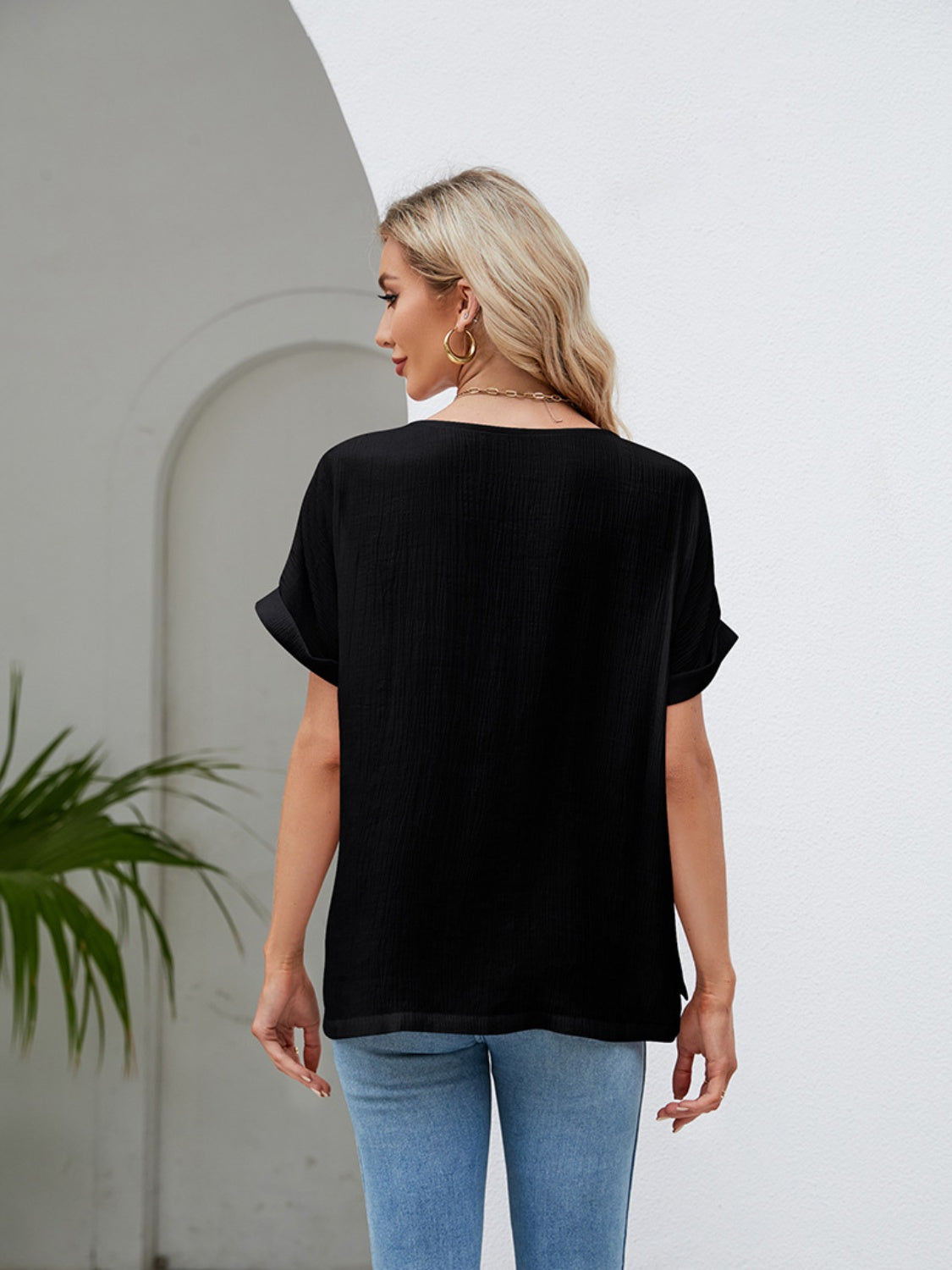 Round Neck Short Sleeve Blouse - Flyclothing LLC