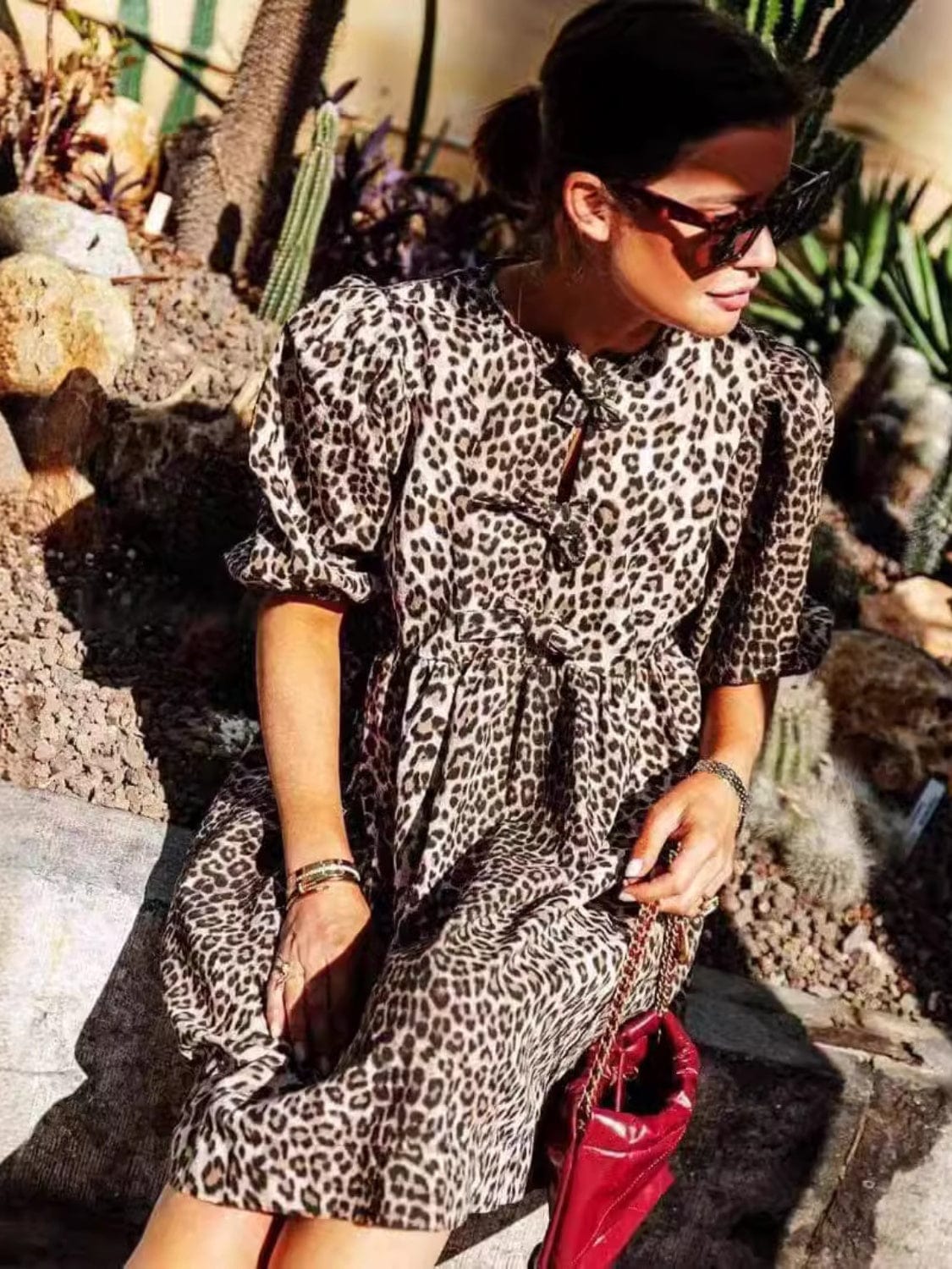 Leopard Short Sleeve Mini Dress - Trendsi