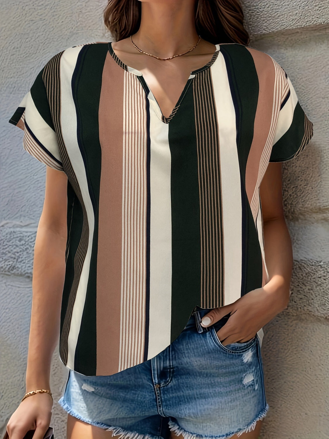 Striped Notched Short Sleeve Blouse - Flyclothing LLC