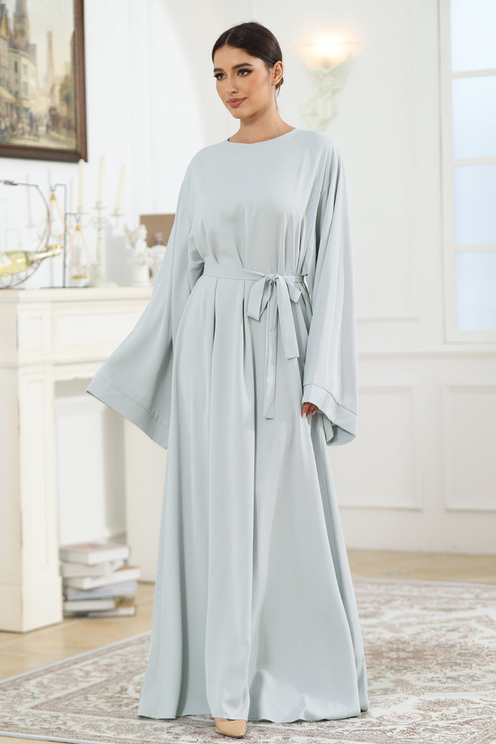 Round Neck Kimono Sleeve Tie Waist Dress - Flyclothing LLC