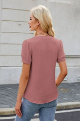 Bow Notched Short Sleeve Blouse - Trendsi