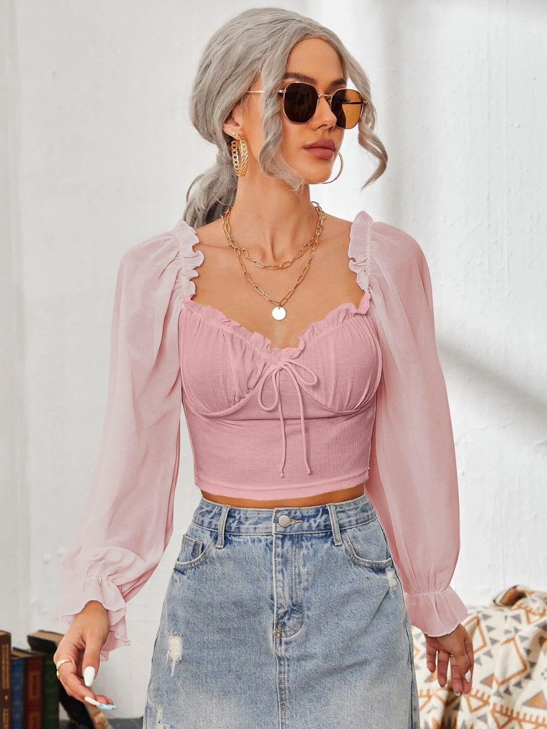 Mesh Sweetheart Neck Flounce Sleeve Top - Trendsi