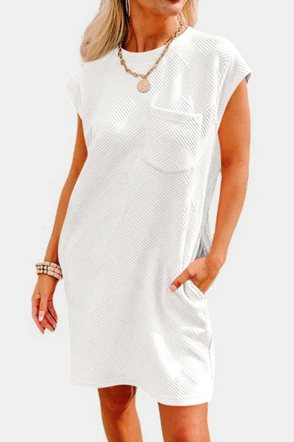 Textured Round Neck Cap Sleeve Dress Trendsi