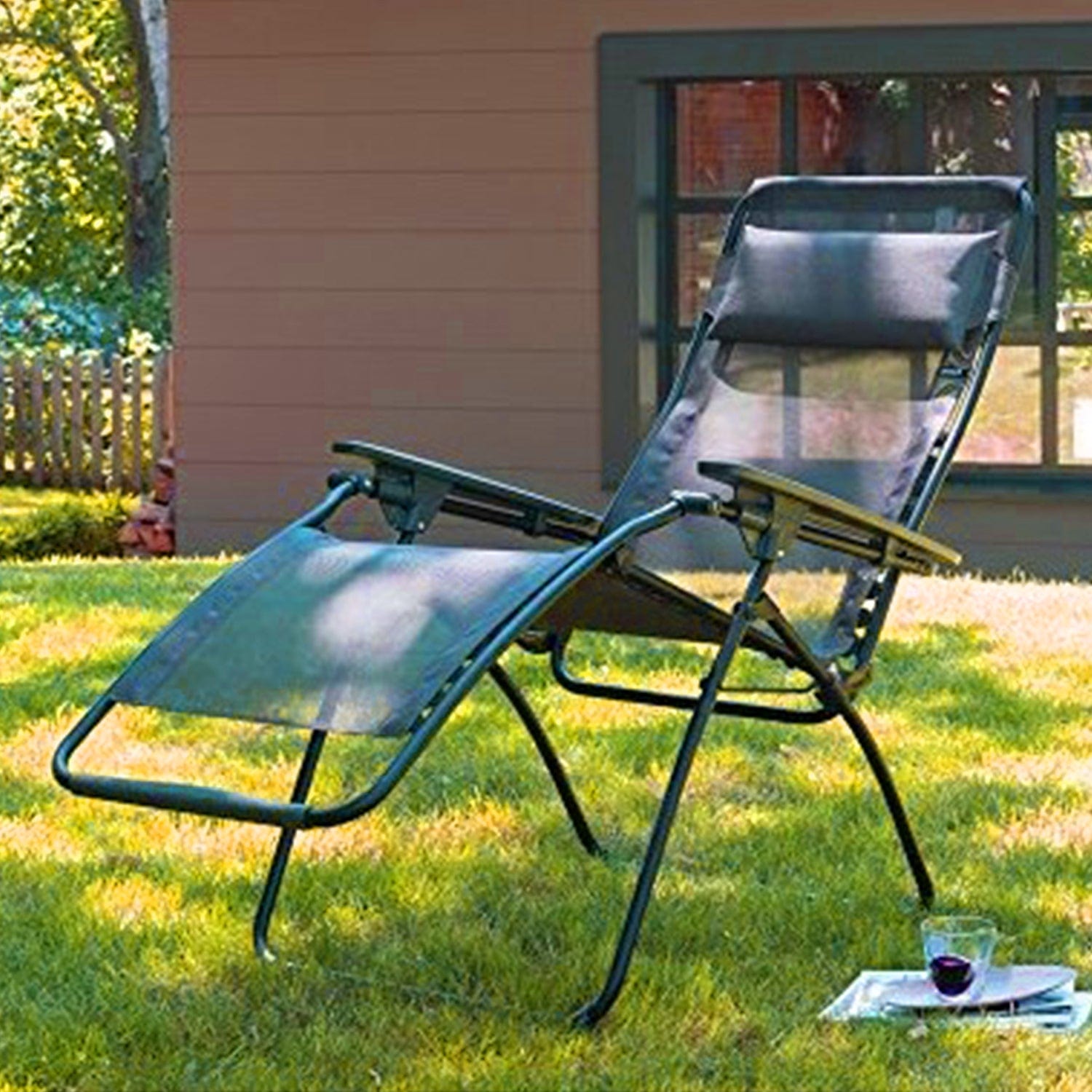 30" Blue and Gray Steel Outdoor Zero Gravity Chair with Blue Cushion