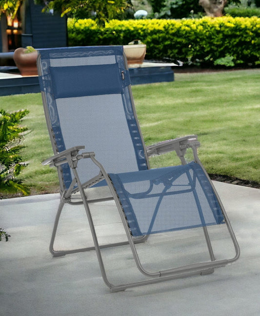 30" Blue and Gray Steel Outdoor Zero Gravity Chair with Blue Cushion - Homeroots