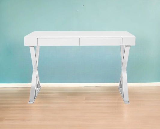 47" White and Silver Writing Desk With Two Drawers - Homeroots