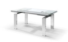 63" Clear and Silver Glass and Stainless Steel Self-Storing Leaf Dining Table - Homeroots