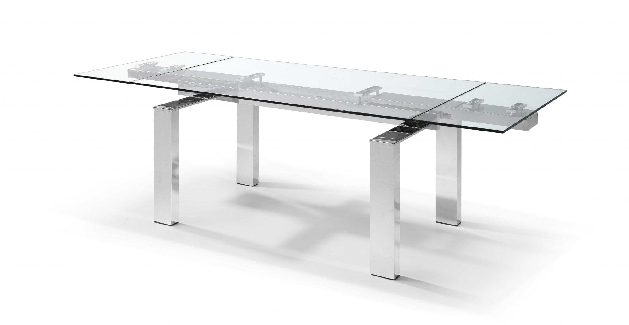 63" Clear and Silver Glass and Stainless Steel Self-Storing Leaf Dining Table - Homeroots