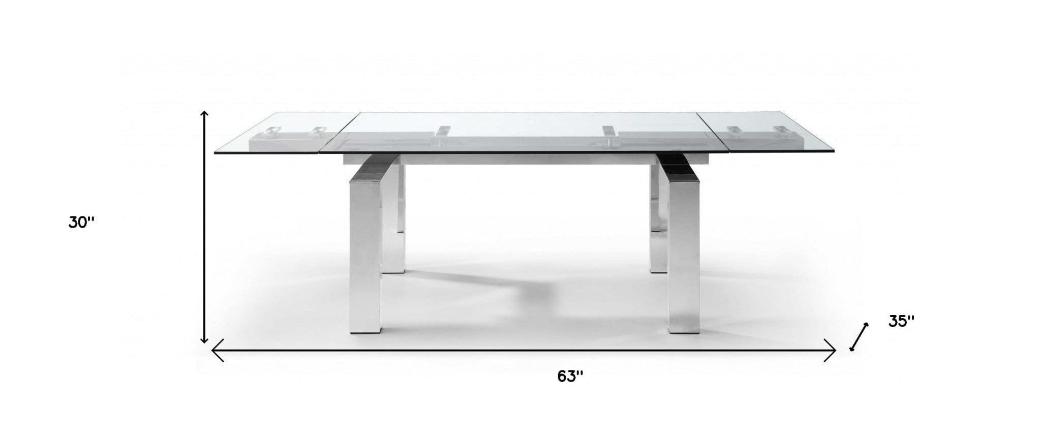 63" Clear and Silver Glass and Stainless Steel Self-Storing Leaf Dining Table - Homeroots