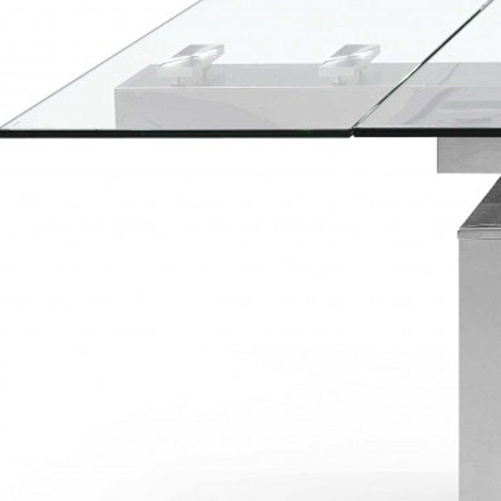 63" Clear and Silver Glass and Stainless Steel Self-Storing Leaf Dining Table - Homeroots