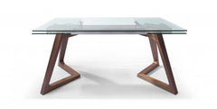 63" Clear and Brown Glass and Solid Wood Self-Storing Leaf Dining Table - Homeroots