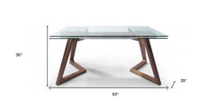 63" Clear and Brown Glass and Solid Wood Self-Storing Leaf Dining Table - Homeroots