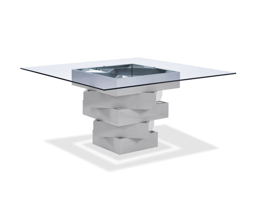 59" Clear And Gray Square Glass And Solid Wood Pedestal Base Dining Table - Homeroots