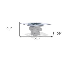 59" Clear And Gray Square Glass And Solid Wood Pedestal Base Dining Table - Homeroots