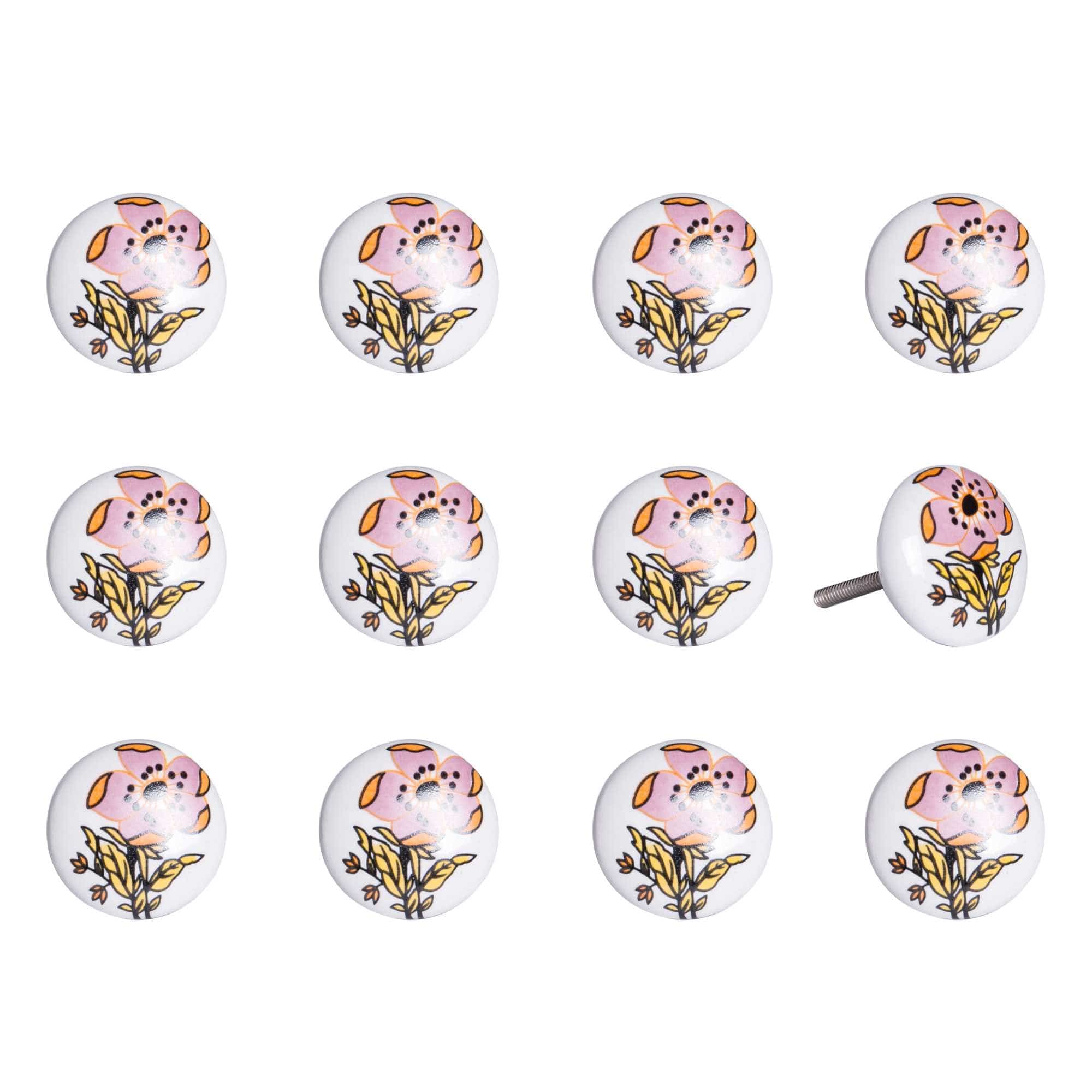 Floral White And Pink Set Of 12 Knobs - Homeroots