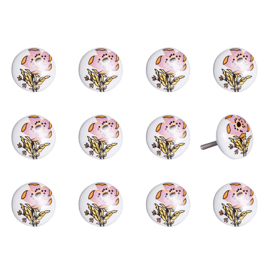 Floral White And Pink Set Of 12 Knobs - Homeroots