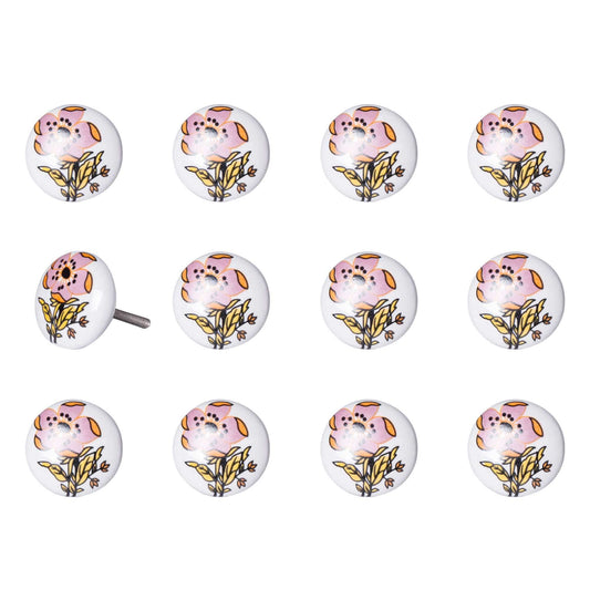 Floral White And Pink Set Of 12 Knobs