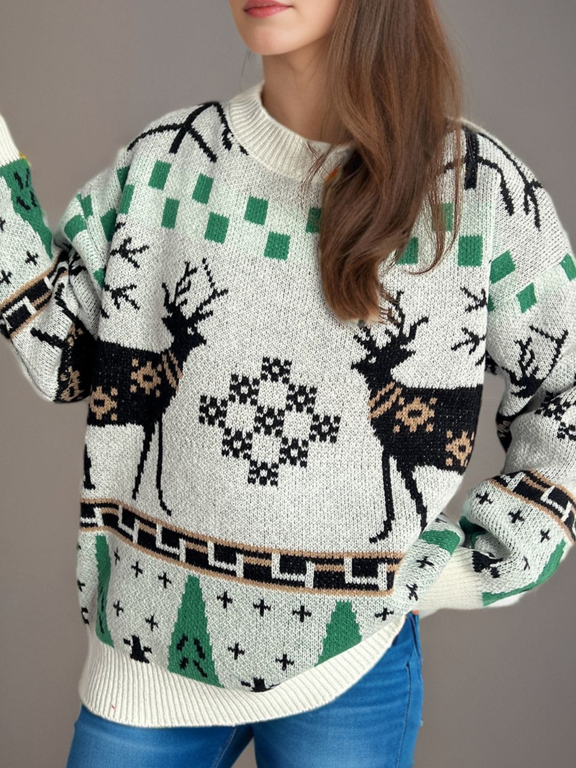 Christmas Element Round Neck Long Sleeve Sweater - Trendsi