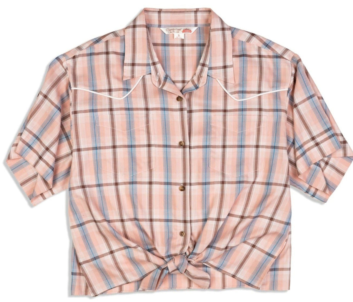 Women's Ely Cattleman Peach Plaid Tie-Front Short Sleeve Shirt