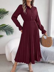 Pleated Half Button Long Sleeve Midi Dress