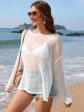 Openwork Slit Boat Neck Long Sleeve Cover-Up - Flyclothing LLC