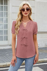 Bow Notched Short Sleeve Blouse - Trendsi