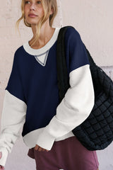 Color Block Round Neck Long Sleeve Sweatshirt - Trendsi