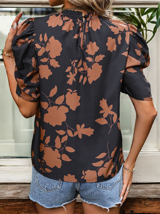 Frill Printed Round Neck Puff Sleeve Blouse Trendsi