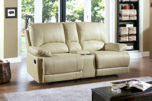 76" Beige Faux Leather Manual Reclining Love Seat With Storage