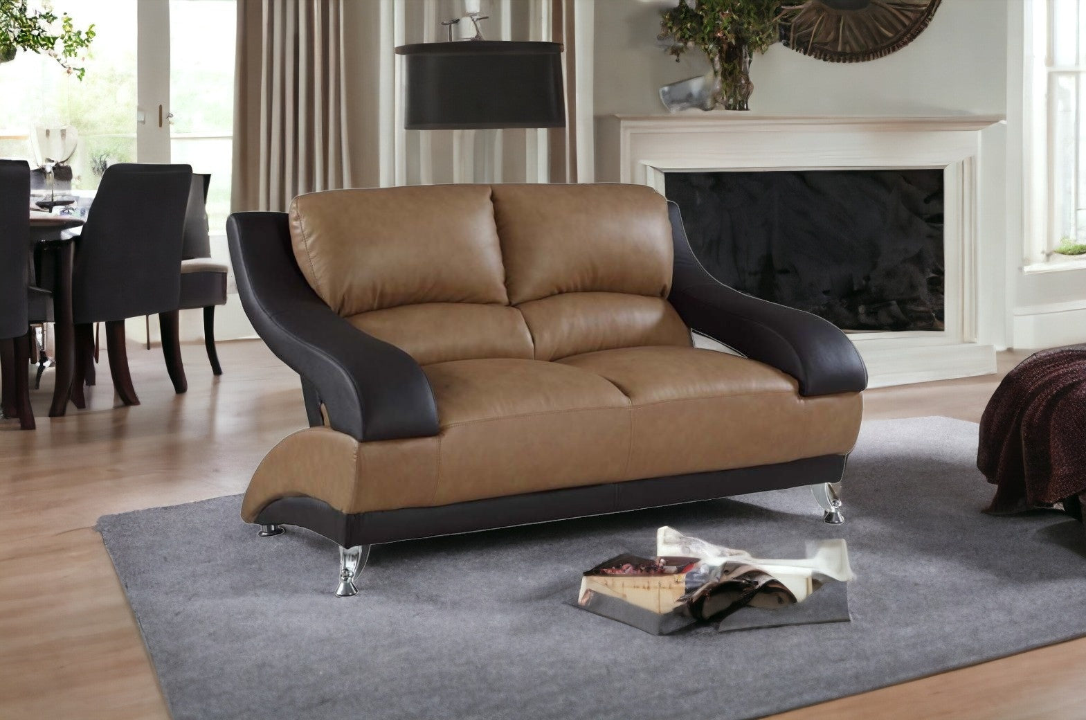 62" Brown and Black And Silver Faux Leather Loveseat