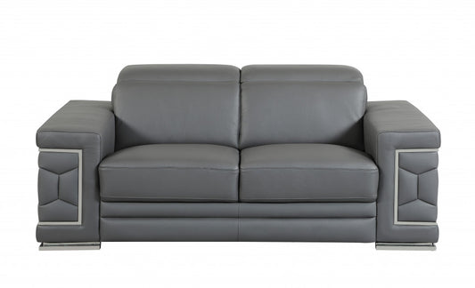 71" Gray And Silver Genuine Leather Love Seat