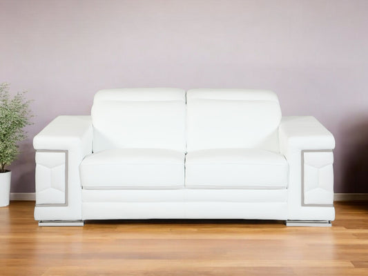 71" White Italian Leather Sofa With Silver Legs