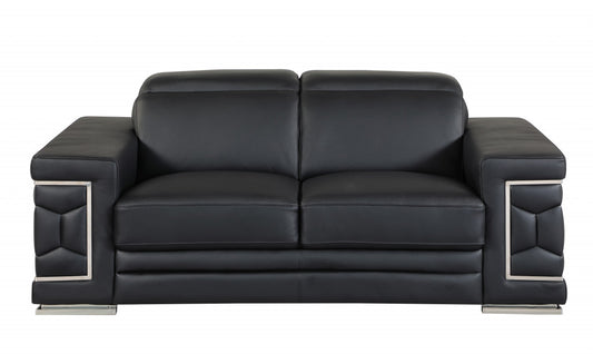 71" Black And Silver Genuine Leather Love Seat