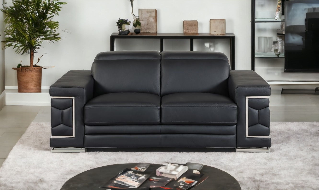 71" Black And Silver Genuine Leather Love Seat