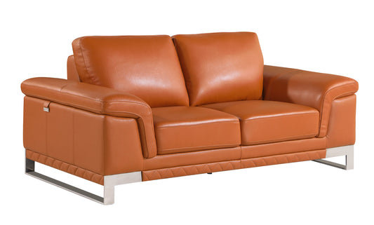 73" Camel And Silver Genuine Leather Loveseat