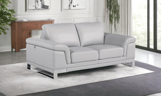 73" Light Gray And Silver Genuine Leather Loveseat