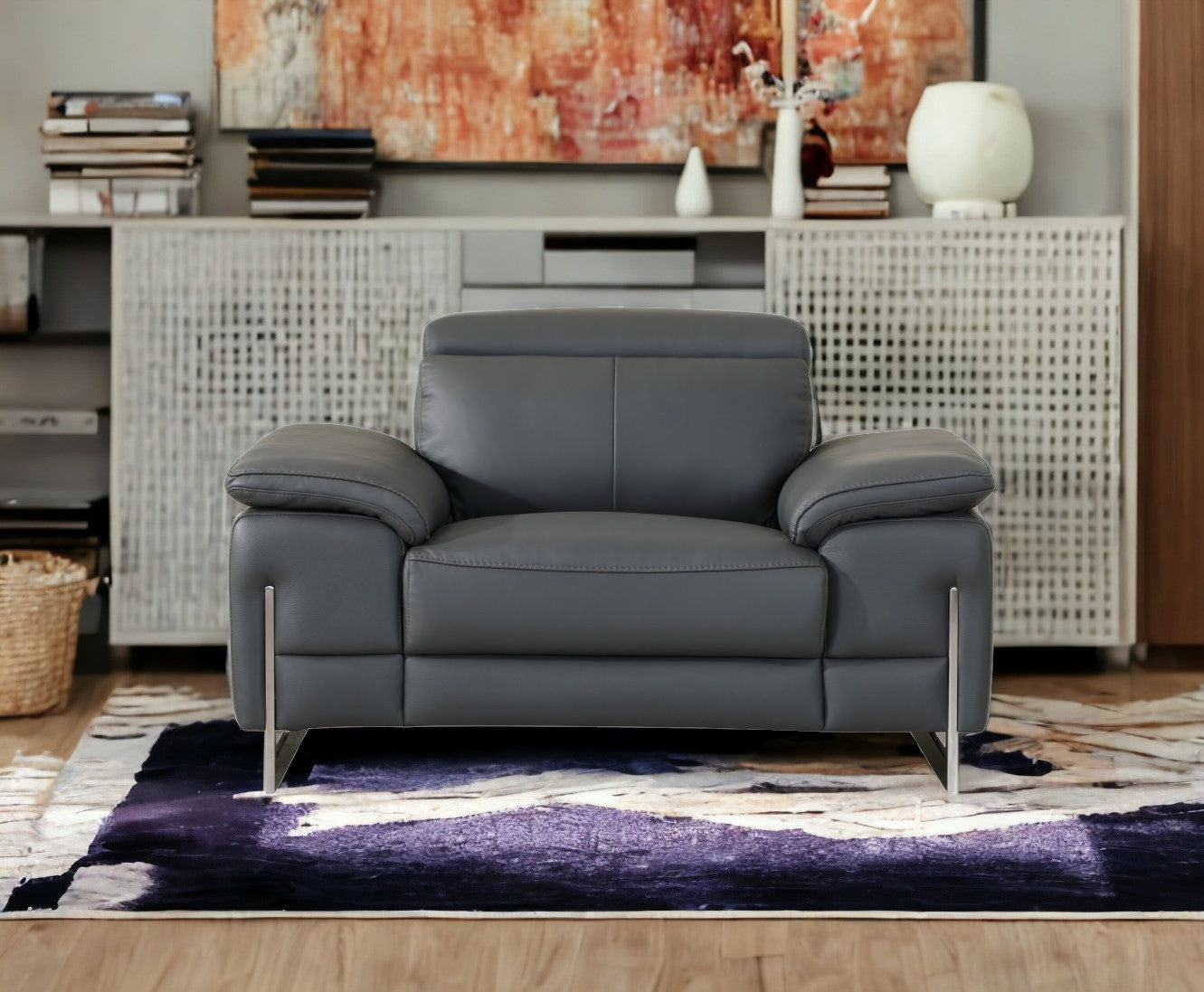 87" Gray And Silver Faux Leather Club Chair