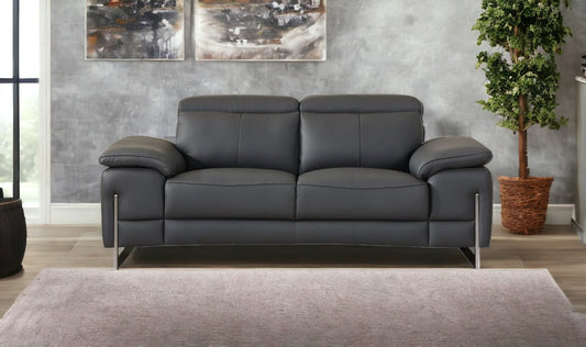 71" Dark Gray And Silver Genuine Leather Loveseat