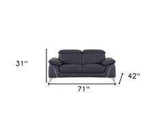 71" Navy Blue And Silver Genuine Leather Loveseat