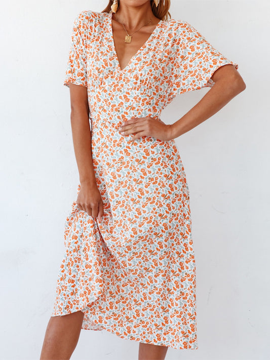 Ditsy Floral V-Neck Short Sleeve Midi Dress Trendsi