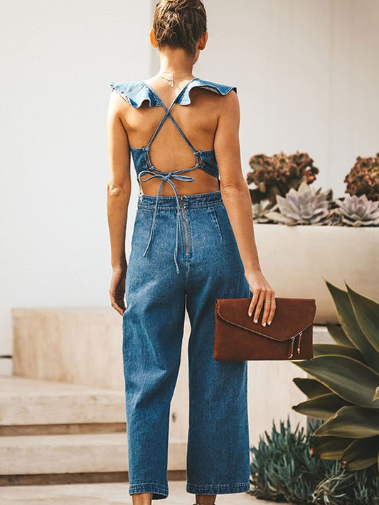 Ruffled Backless Sleeveless Denim Jumpsuit Trendsi