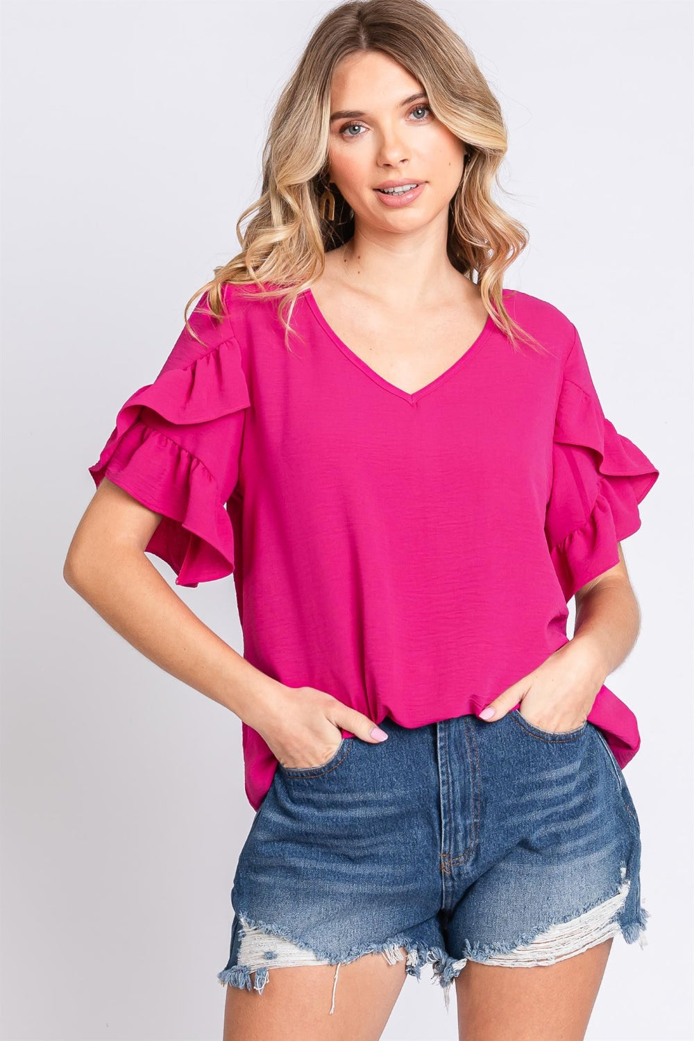 GeeGee V-Neck Ruffle Trim Short Sleeve Blouse - Flyclothing LLC