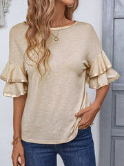 Round Neck Flounce Sleeve T-Shirt - Trendsi