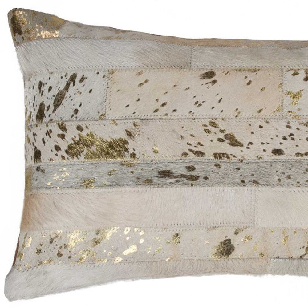 12" X 20" Natural & Gold Cowhide Throw Pillow