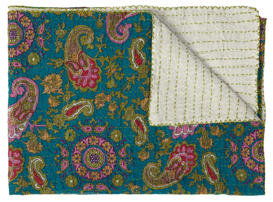 50" X 70" Green and Pink Kantha Cotton Paisley Throw Blanket with Embroidery - Homeroots