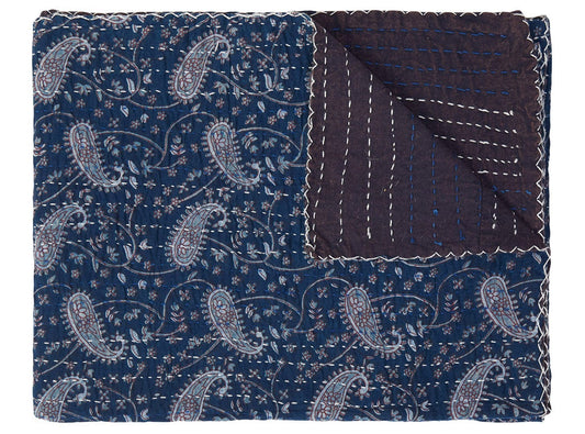 50" X 70" Blue and Gray Kantha Cotton Paisley Throw Blanket with Embroidery - Homeroots